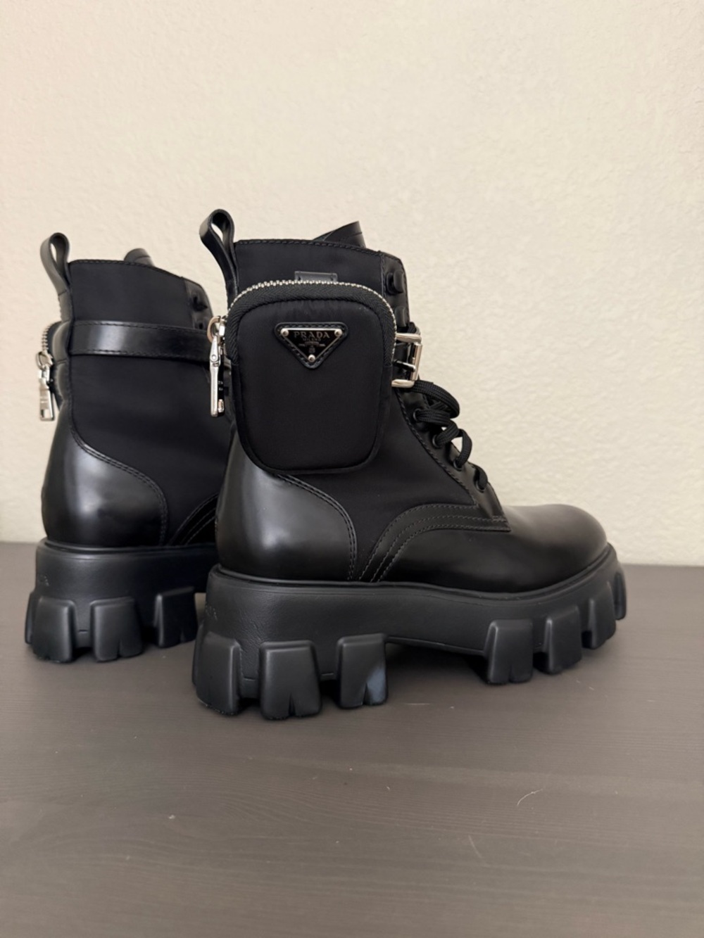 Prada Black Lug-Sole Combat Boots with Detachable Mini Pouch - Picture 10 of 10